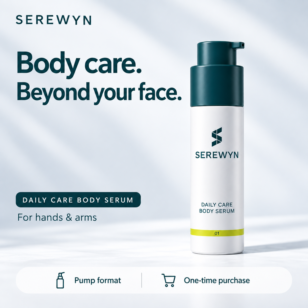 Serewyn Daily Care Body Serum for hands and arms, shown with its pump format and one-time purchase information.